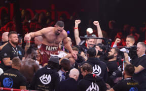 New Zealand's Joseph Parker celebrates defeating American Deontay Wilder in their heavyweight boxing match in Riyadh, Saudi Arabia.