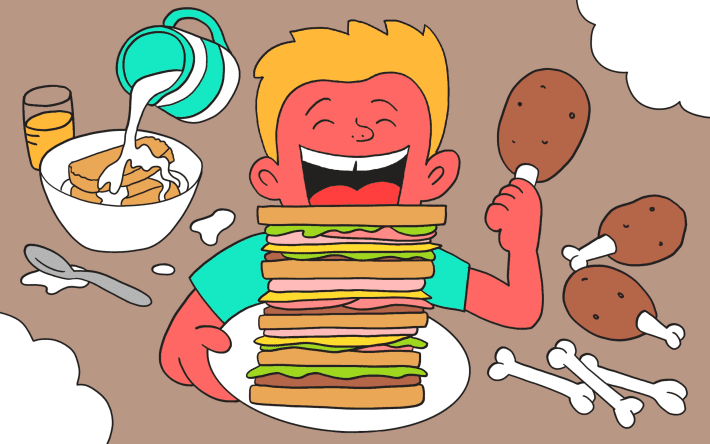 Stylised illustration of teenage boy eating tall sandwich, cereal and chicken.