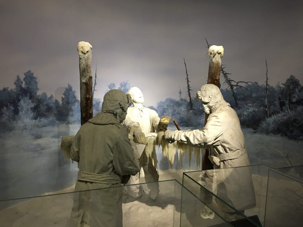 A model showing frost bite experiments on a prisoner in Unit 731 concentration camp.