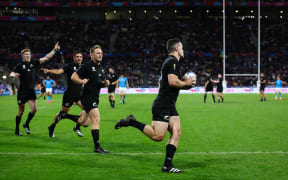 Will Jordan of New Zealand scores his sides third try (Photo by Craig Mercer/MB Media/Getty Images)