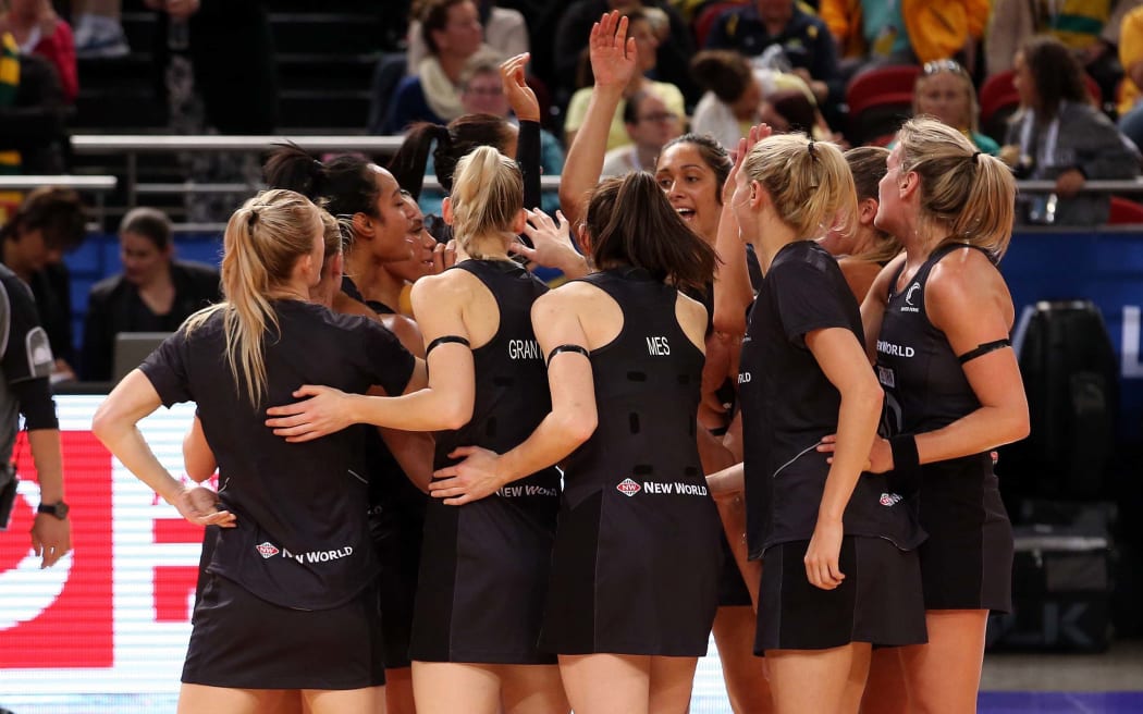 The Silver Ferns celebrate their win over Barbados in their Netball World Cup opener, Sydney, 7 August 2015