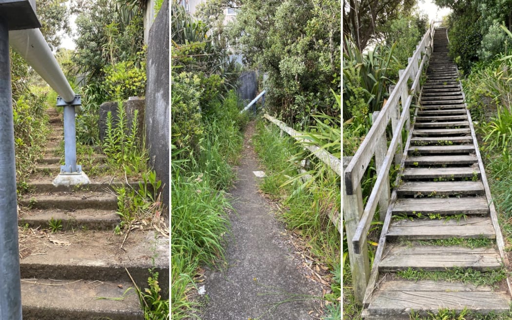Left picture shows the current concrete path down to Fitzroy Reserve is no longer maintained and water infrastructure has been built on it. Right picture shows the current wooden steps from Beach Street to Fitzroy Reserve in New Plymouth.