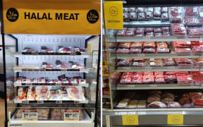 Pak'nSave halal meat section signs at Sylvia Park and Henderson.
