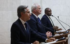 US Secretary of State Antony Blinken (L), Ukraine's Foreign Minister Andrii Sybiha (C) and Britain's Foreign Secretary David Lammy (R) attend a joint press conference following their talks in Kyiv on September 11, 2024, amid the Russian invasion on Ukraine. (Photo by Anatolii STEPANOV / AFP)