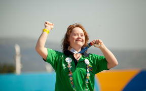 Penny Towns celebrating a medal at the Special Olympics World Summer Games Athens 2011