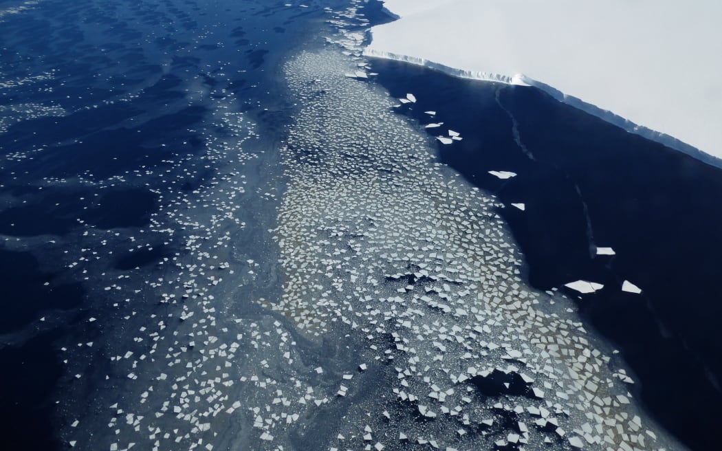 The seaward edge of the Ross Ice Shelf Edge, where thousands of small icebergs calve from the ice edge.