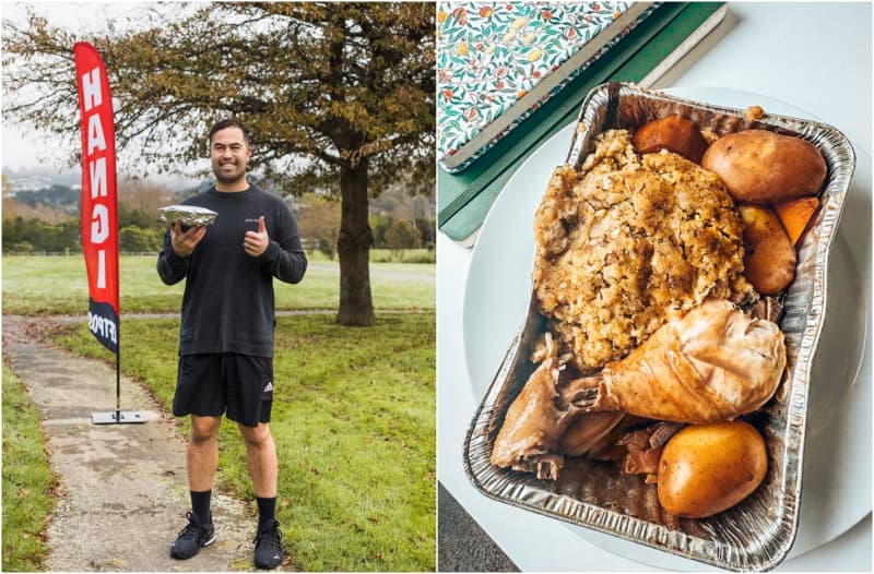 Left: CJ Collier standing holding a hāngi; right: a close up of the hāngi