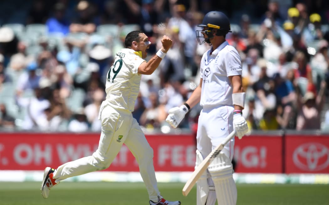 ADELAIDE, AUSTRALIA - DECEMBER 21: Scott Boland of Australia celebrates the dismissal of Josh Tongue during day five of the Third Test Match in the 2025-26 Ashes Series between Australia and England at Adelaide Oval on December 21, 2025 in Adelaide, Australia. (Photo by Philip Brown/Getty Images)