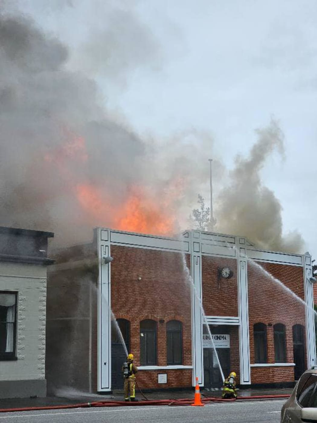 A total of eight crews of firefighters combated the blaze in the middle of the central Otago town, which destroyed the Roxburgh Town Hall, including its 128-year-old cinema.