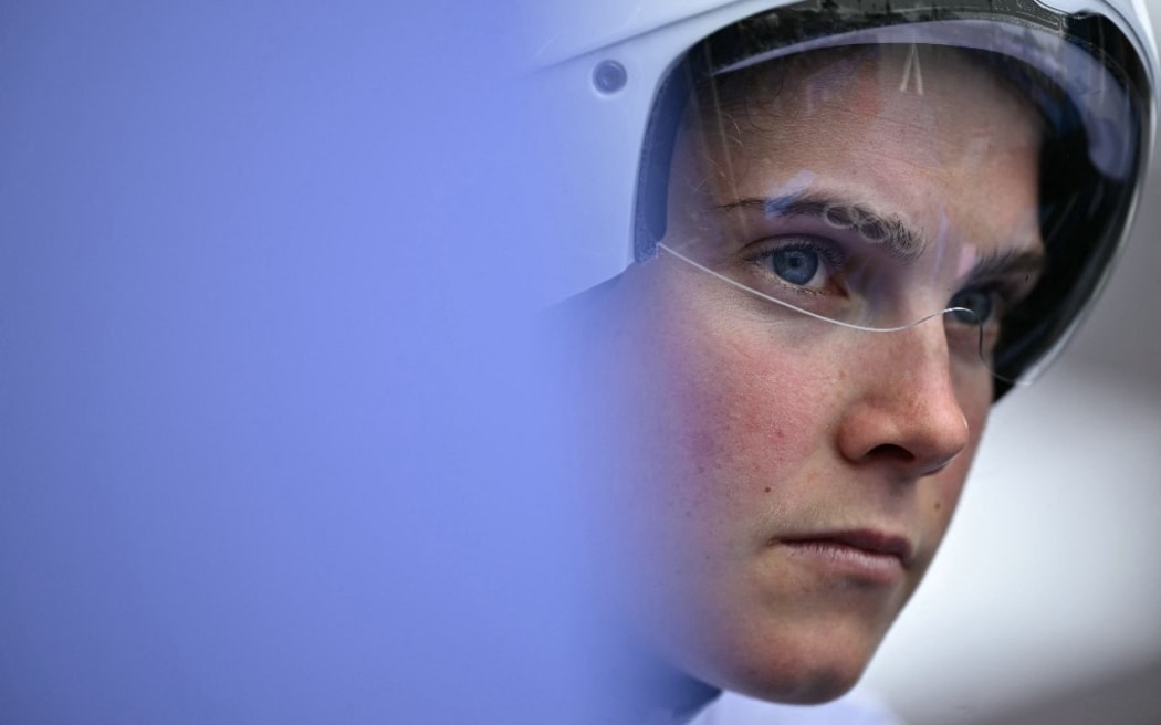 New Zealand's Kim Cadzow prepares to take the start of the women's road cycling individual time trial during the Paris 2024 Olympic Games in Paris, on July 27, 2024. (Photo by Ben STANSALL / AFP)