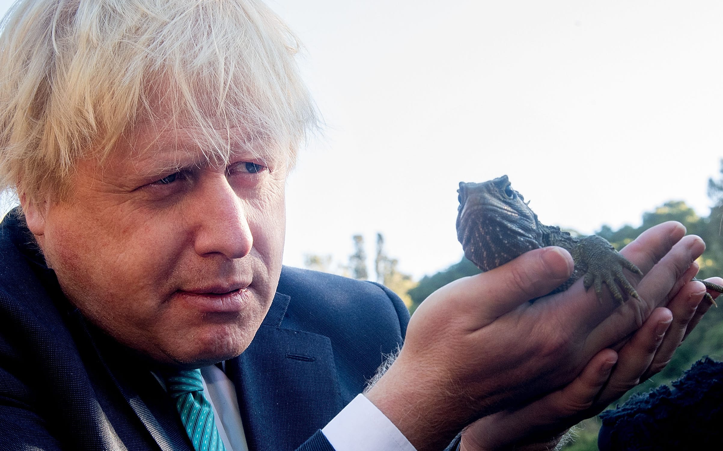Boris Johnson inspects a tuatara during his visit to Zealandia wildlife sanctuary.