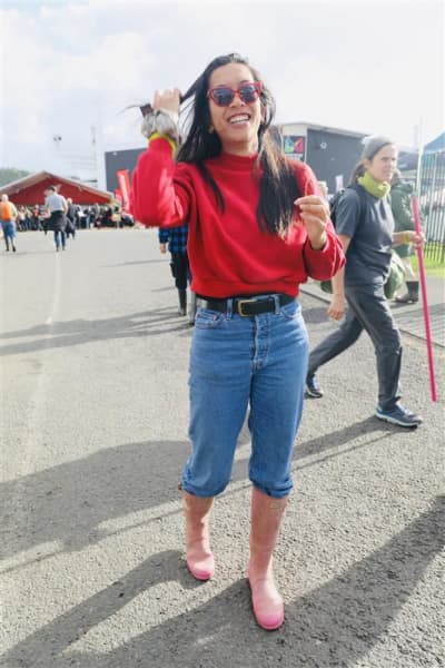 Mary from France is wearing gum boots she got from an op shop at Fieldays, on 11 June, 2025.