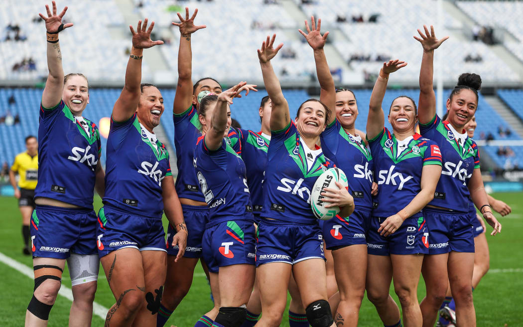 NRLW Warriors Women team celebrate, One New Zealand Warriors Women v Parramatta Eels Women.