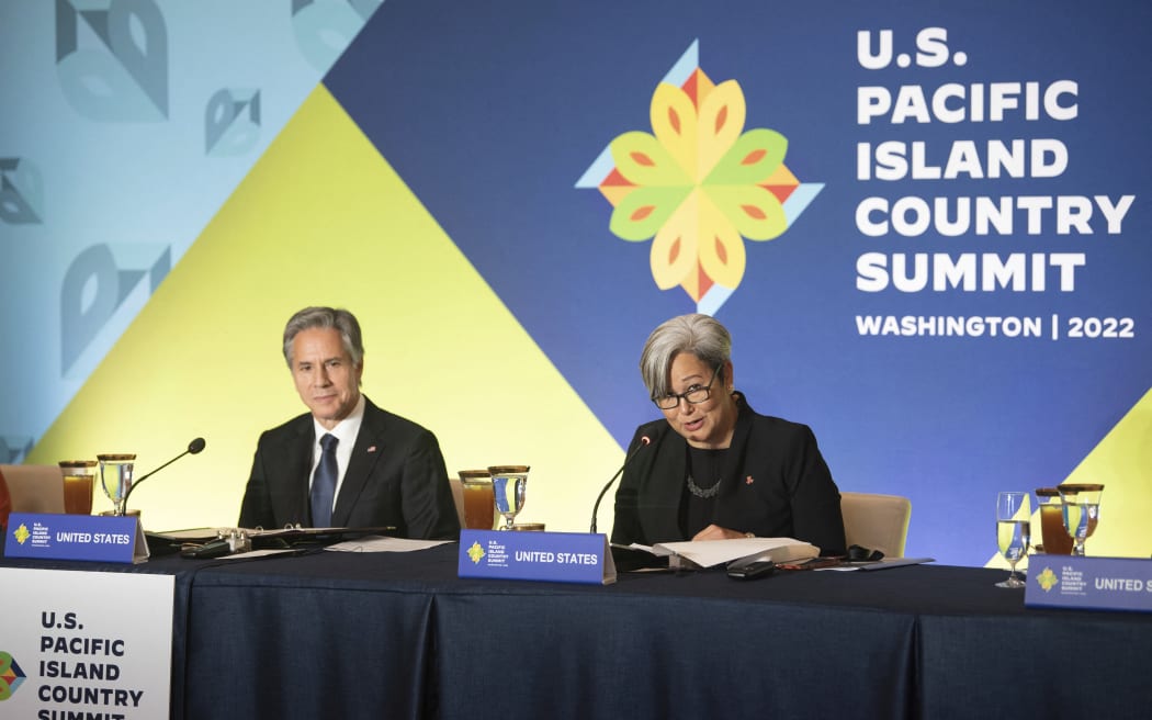 East-West Center President Suzanne Puanani Vares-Lum (L) speaks alongside US Secretary of State Antony Blinken during the US-Pacific Island Country Summit at the State Department in Washington, DC, September 28, 2022. (Photo by Kevin Wolf / POOL / AFP)