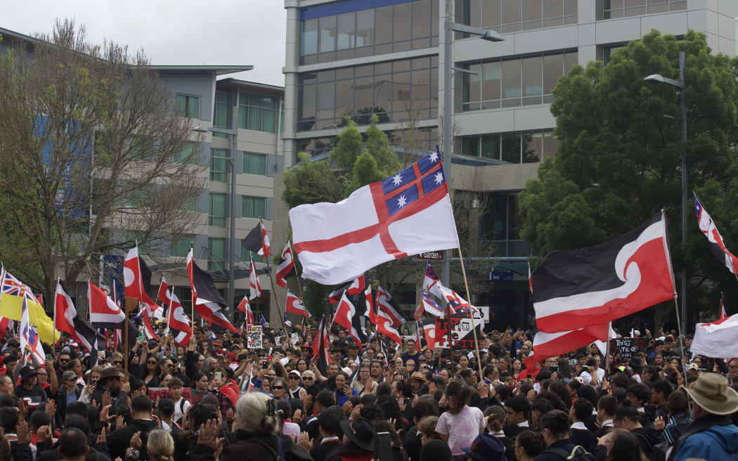 Hīkoi mō Te Tiriti gathers in Hamilton.