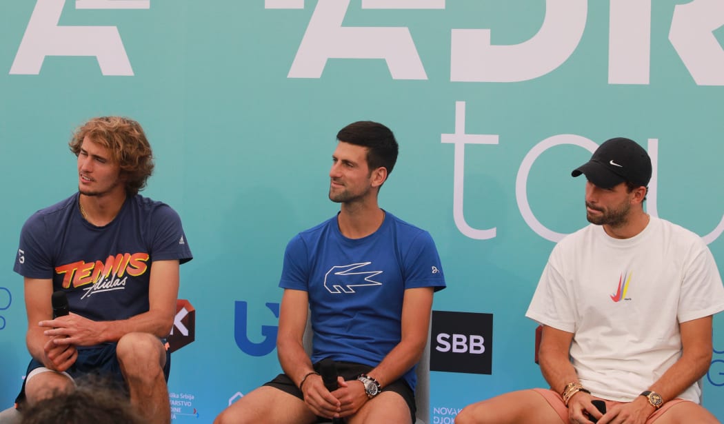 BELGRADE, SERBIA - JUNE 12: Tennis players Novak Djokovic (C), Dominic Thiem (not seen), Alexander Zverev (L), Grigor Dimitrov (R) attend a press conference during an opening program of the Adria Tour, a charity exhibition hosted by Novak Djokovic Foundation, on June 12, 2020 in Belgrade, Serbia.