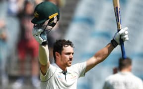 Australia's Travis Head celebrates his century, 100 not not during play on Day 2 of the second cricket test match. ICC World Test Championship, New Zealand Black Caps v Australia, MCG, Melbourne, Australia. Friday 27 December 2019 Â© Copyright Photo: Andrew Cornaga / www.photosport.nz