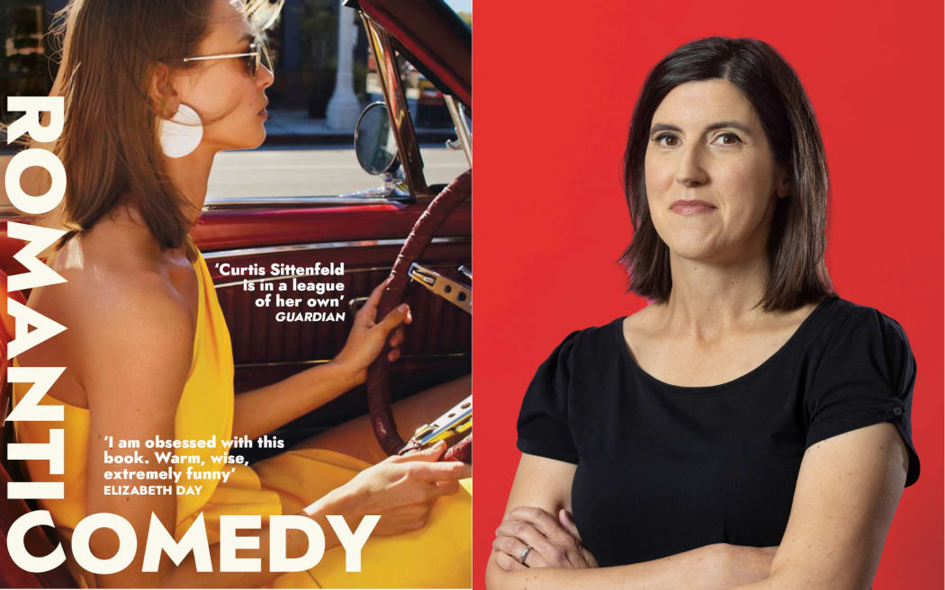 A composite photo of author Curtis Sittenfeld. A photograph of Sittenfeld with her arms crossed on a red background is on the Right. On the left is the cover of her book Romantic Comedy, which shows a woman driving a convertible car with it's roof down.