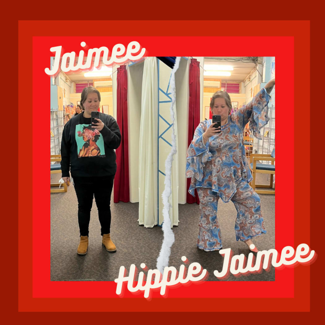 A before and after style shot of Jaimee - on the left she is wearing her usual modern clothes. On the right she is transformed into a 70s style hippie in a floral outfit with floaty sleeves and flares trousers. The image has a 70s style border and the caption "Hippie Jaimee"