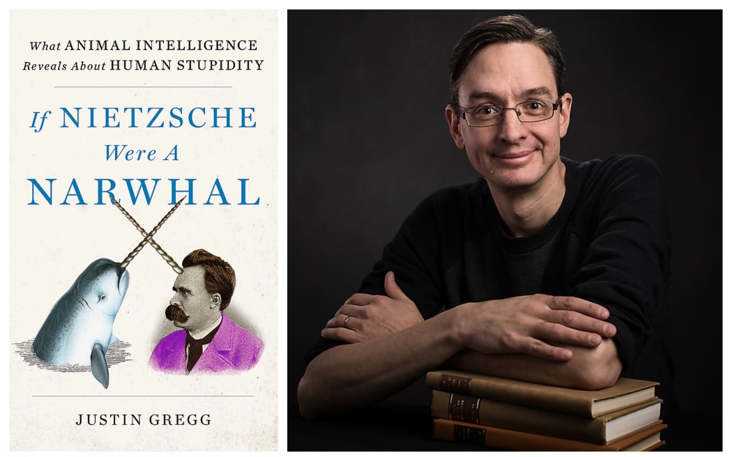 collage of Justin Gregg and the cover of his book If Nietzsche were a Narwhal