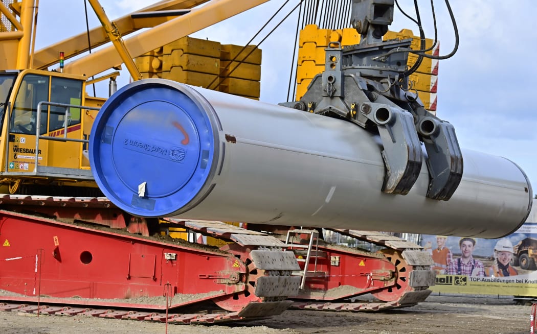 (FILES) In this file photo taken on March 26, 2019 works are under way at the construction site of the so-called Nord Stream 2 gas pipeline in Lubmin, northeastern Germany.