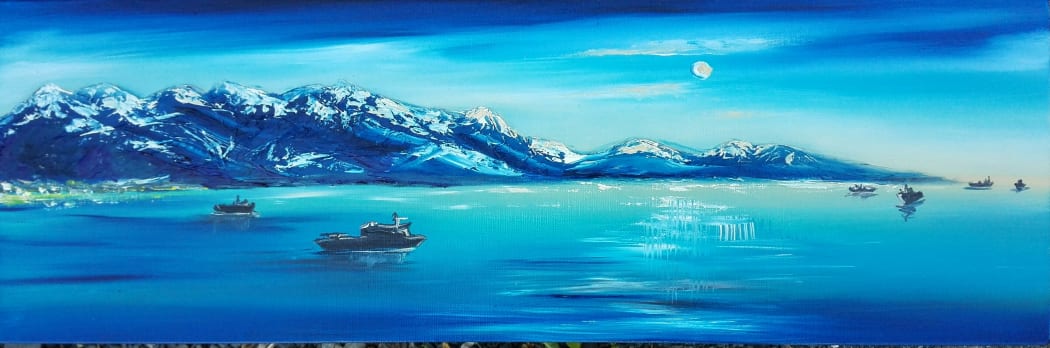 Supermoon over Kaikōura harbour artwork