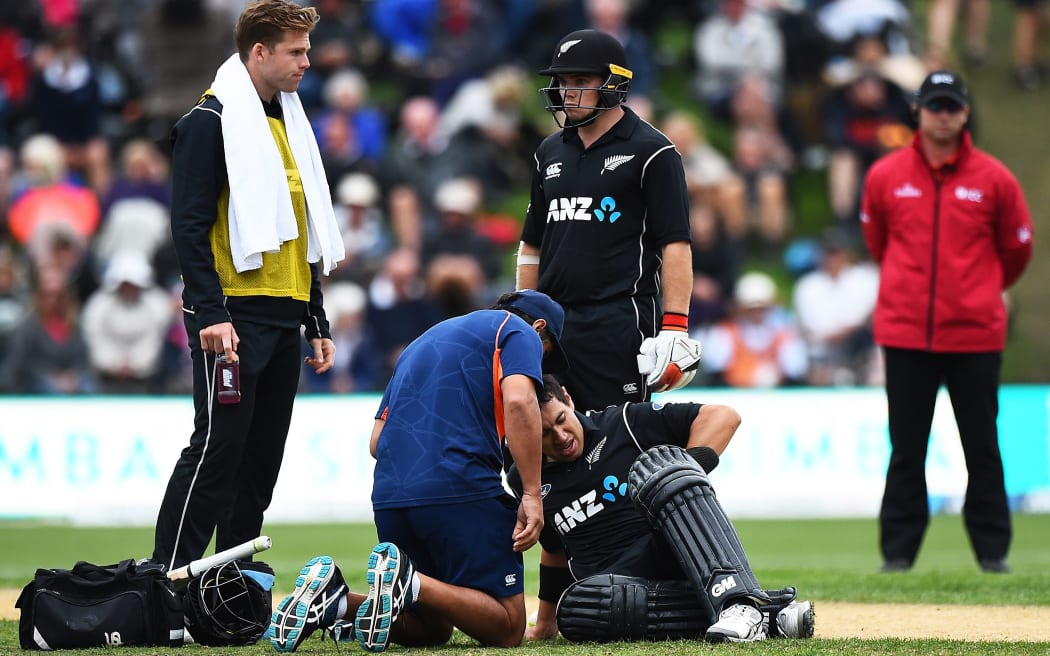 Blackcaps Ross Taylor receives treatment during the 4th ODI Blackcaps v England. University Oval, Dunedin,