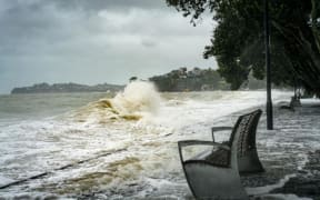 A king tide and storm surge causing flooding along Auckland's Tamaki Drive.