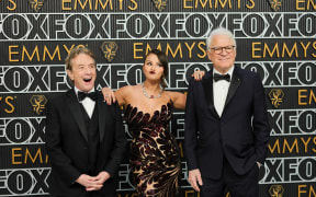 LOS ANGELES, CALIFORNIA - JANUARY 15: (L-R) Martin Short, Selena Gomez and Steve Martin attend the 75th Primetime Emmy Awards at Peacock Theater on January 15, 2024 in Los Angeles, California.   Neilson Barnard/Getty Images/AFP (Photo by Neilson Barnard / GETTY IMAGES NORTH AMERICA / Getty Images via AFP)