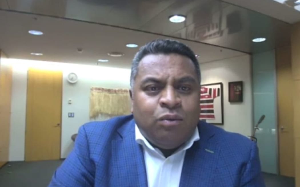 The minister of broadcasting and media Kris Faafoi delivers the David Beatson Lecture via Zoom during a debate on public broadcasting arranged by the Better Public Media Trust on May 24 2022.