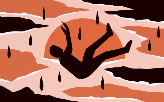 Illustration of silhouetted person falling against sun, clouds and rain.