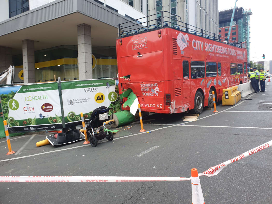 The aftermath of the Auckland bus crash on Monday afternoon.