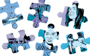 Dark graphic novel style illustrations of youth struggling with trauma, and views inside a youth justice residence framed in puzzle pieces.