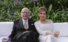 Rupert Murdoch and Elena Zhukova posing for a photo on 1 June, 2024 during their wedding ceremony at his vineyard estate in Bel Air, California.