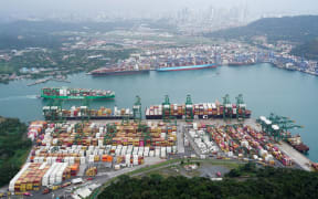 An aerial view shows containers at the Balboa Port, operated by Panama Ports Company, at the Panama Canal.