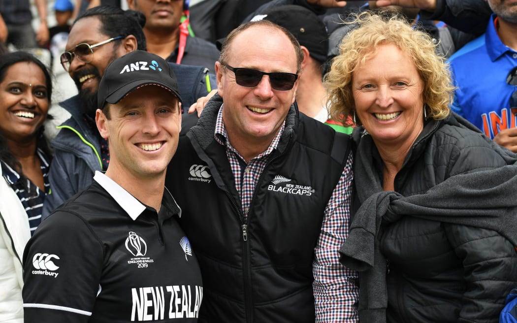 Matt Henry with his Mum and Dad.
New Zealand Black Caps v India. ICC Cricket World Cup semi final match. Old Trafford Cricket ground, Manchester UK. Wednesday 10 July 2019. © Copyright Photo: Andrew Cornaga / www.photosport.nz