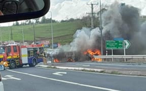Two vehicles were engulfed in flame after a crash near Wellsford.