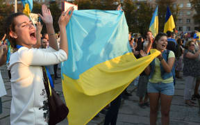 Ukrainian women at a rally in support of the Ukrainian Army and the defence of against pro-Russian rebels.