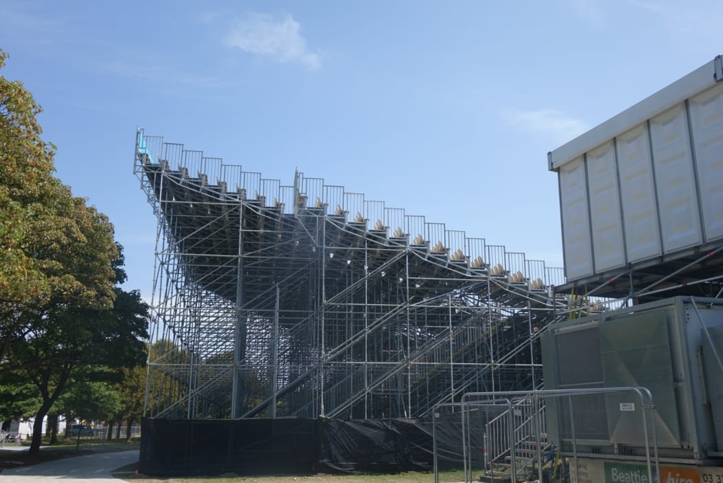 Temporary seating in the Hagley Oval.