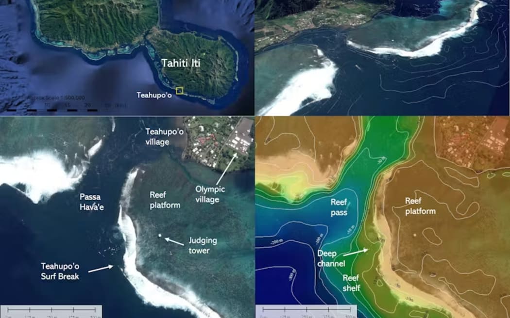 Clockwise from top left: location of the Teahupo'o surf break, form of the reef and mountains behind, bathymetry of the surf break, and notable reef features (elevation data from SHOM, satellite imagery from Airbus). Tom Shand, CC BY-NC-SA