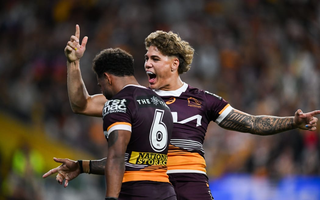 Reece Walsh celebrates with Ezra Mam.