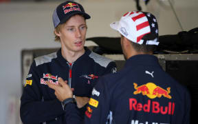 Brendon Hartley chats with friend and Red Bull Racing driver Daniel Ricciardo.