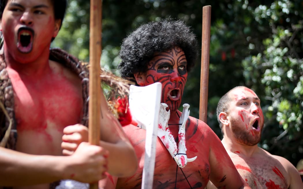 A haka on Parliament grounds during the presentation of petition to have the Land Wars recognised.