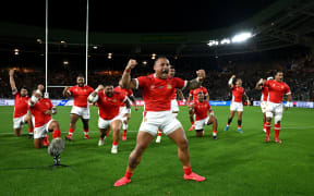 In this handout image provided by World Rugby, Sonatane Takulua of Tonga leads the performance of the Sipi Tau prior to the Rugby World Cup France 2023 match between Ireland and Tonga at Stade de la Beaujoire on September 16, 2023 in Nantes, France. (Photo by World Rugby/World Rugby via Getty Images)