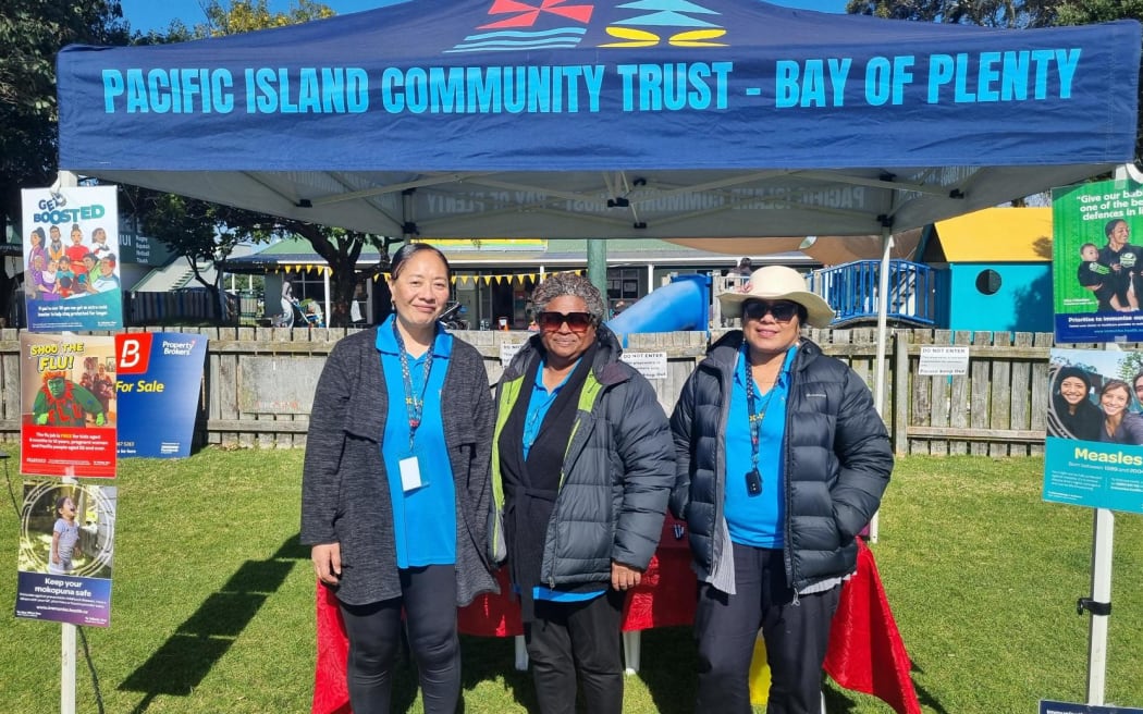 Pacific Island Community Trust chief executive Esther Martin (left) and her team at the RSE WORKERS Sports Festival in Mount Maunganui on 22 August 2024.