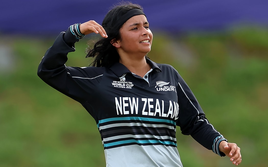 KUCHING, SARAWAK, MALAYSIA - JANUARY 18: Rishika Jaswal of New Zealand celebrates after Simone Lourens of South Africa was stumped by Darcy Prasad of New Zealand during the ICC Women's U19 T20 World Cup match between New Zealand and South Africa at Borneo Cricket Ground on January 18, 2025 in Kuching, Sarawak, Malaysia. (Photo by Matthew Lewis-ICC/ICC via Getty Images)