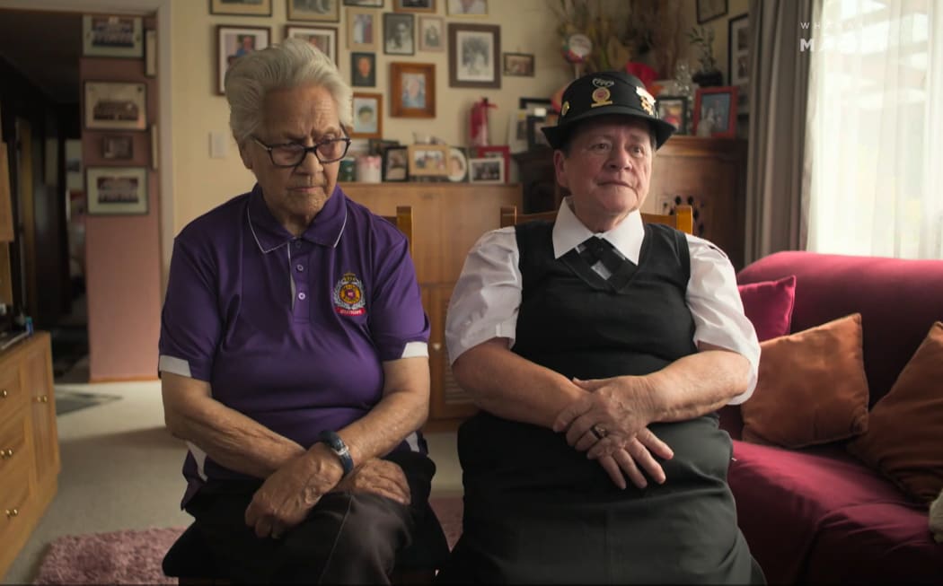 Two long serving Maori Warden's Nanny Uru Kereiti and Nanny Pura Whale sit next to each other during the filming of the documentary Maori Wardens.