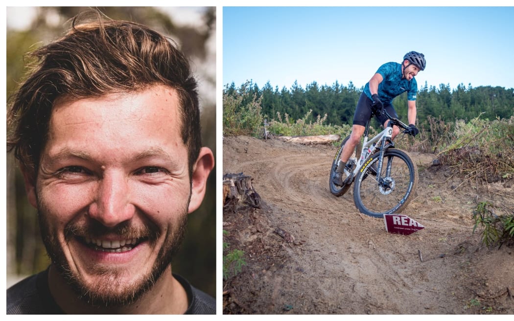 Head shot of smiling young man and second photo of him riding cycle on dirt track