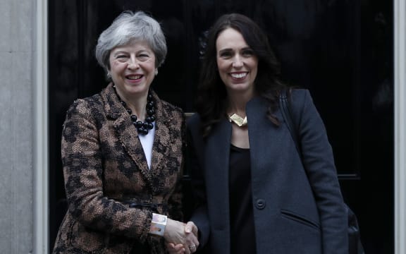 British Prime Minister Theresa May greets Prime Minister Jacinda Ardern outside 10 Downing Street.