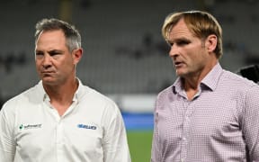Will Blues coach Leon MacDonald (left) once a former Crusaders and All Black teammate of newly appointed All Black coach Scott Robertson,  join him as deputy of the national side?